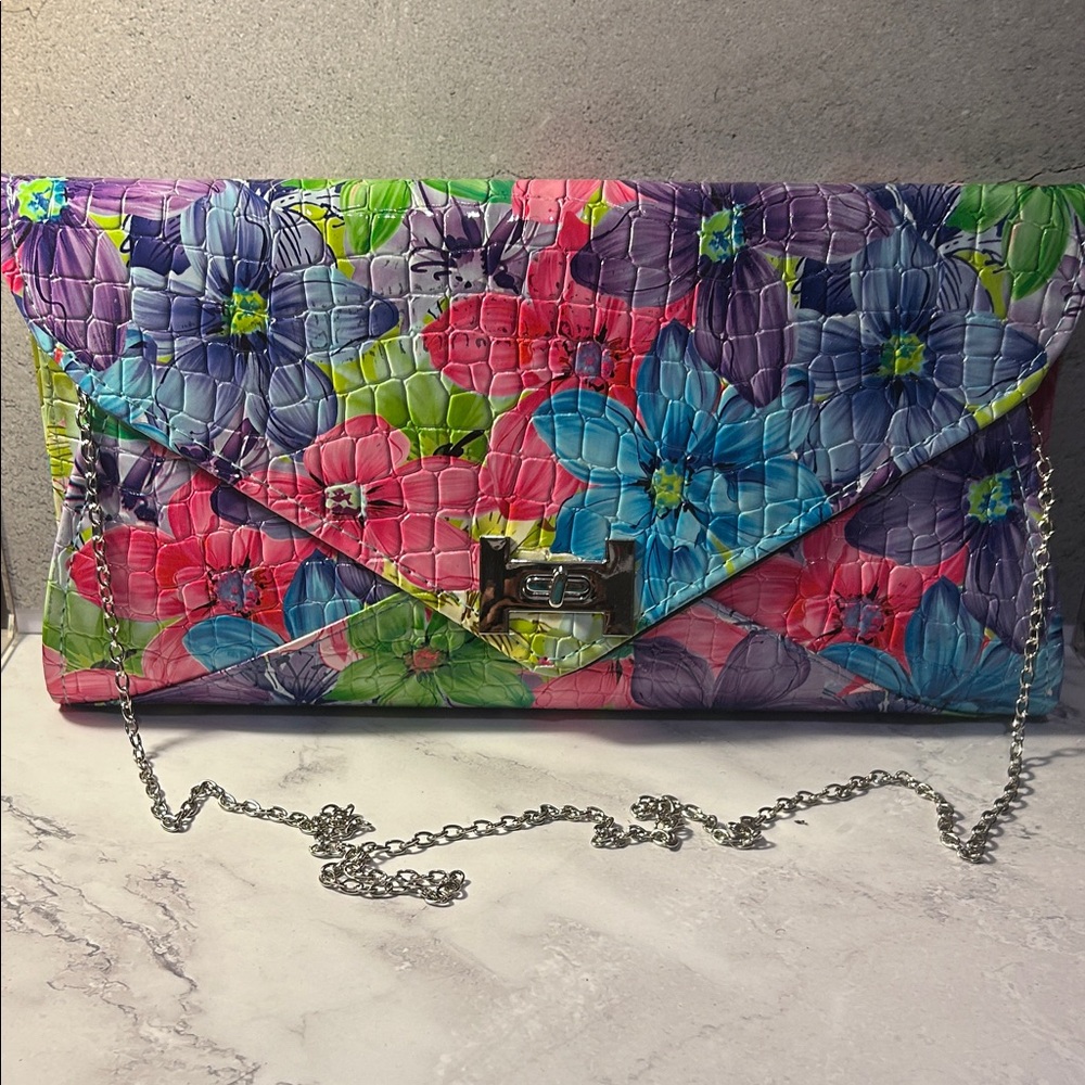 Multicolor Floral Clutch with Silver Chain